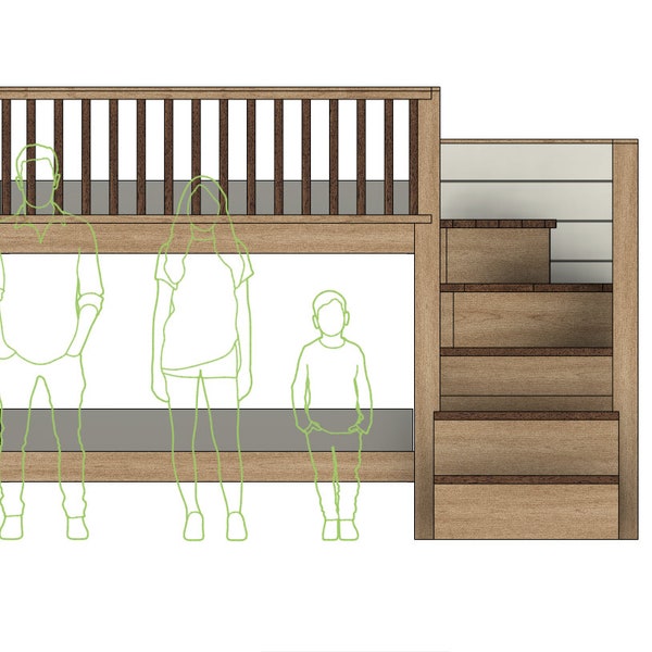 Plan de construcción de bricolaje - Litera doble con escaleras - Plano n.º 024