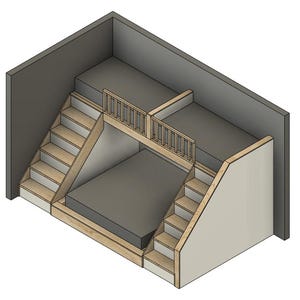 May include: A wooden bunk bed with built-in stairs and a railing. The bed is made of light wood and has a gray mattress.