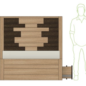 May include: A wooden bed frame with a headboard made of light and dark wood planks. The bed has a storage drawer on each side and a padded headboard.