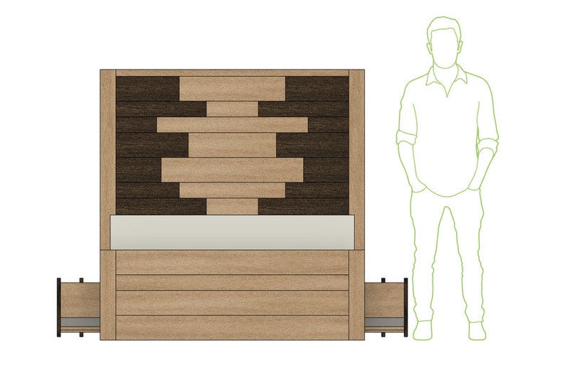 May include: A wooden bed frame with a headboard made of light and dark wood planks. The bed has a storage drawer on each side and a padded headboard.