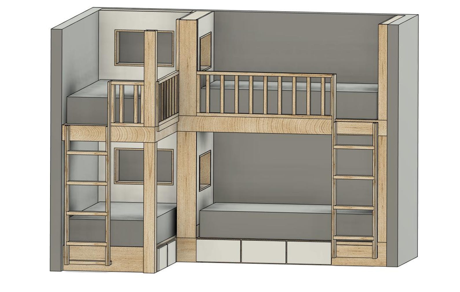 Twin XL Quad Bunk Bed DIY Build Plans: L-shaped Design With Storage ...