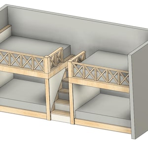 May include: A light wood bunk bed with two beds, each with a gray mattress. The top bunk has a decorative railing. A small staircase provides access to the top bunk. The bed is set against a gray wall.