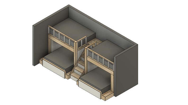 May include: A wooden bunk bed with a built-in ladder and guardrails. The bed is painted in a light wood color and has a gray mattress.