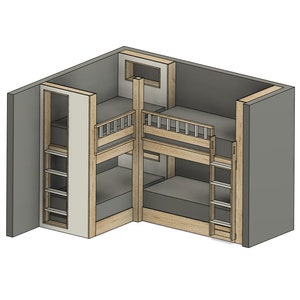 May include: A wooden bunk bed with a built-in ladder and shelves. The bed is in a corner of a room and has a grey wall behind it.