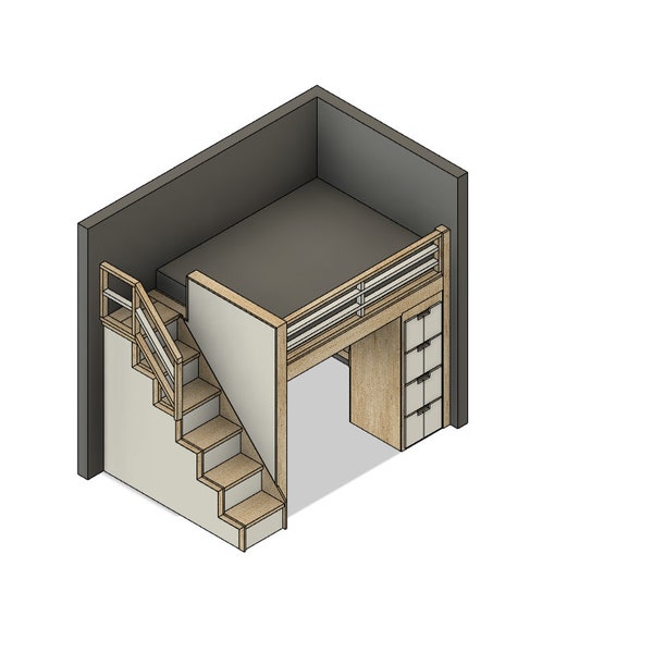 Plans de construction à faire soi-même - Loft queen-size avec escalier, tiroirs et bureau - Lit avec rangement - Lit avec bureau - Lit avec escalier