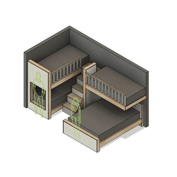 Quad Bunk Layout - Three Twins and One Queen - Four Bed Bunk - Bunk Bed with Stairs