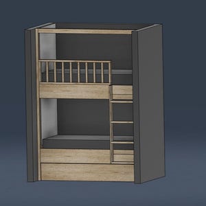 May include: A bunk bed featuring a light wood grain finish and dark gray side panels. The structure includes a top bunk with a wooden safety railing, a built-in vertical ladder on the right side, and a lower bunk. The interior walls are dark gray.