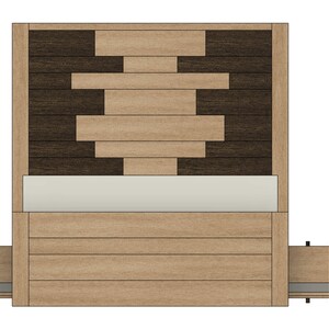 May include: A wooden bed frame with a headboard featuring a geometric pattern of light and dark wood. The bed frame has two drawers on either side.