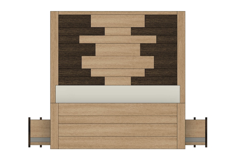 May include: A wooden bed frame with a headboard featuring a geometric pattern of light and dark wood. The bed frame has two drawers on either side.