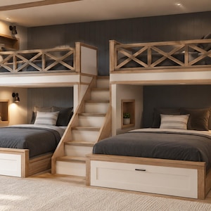 Double Bunk Bed with Stairs: Twin Upper/Queen Lower - DIY Build Plans (Metric and Imperial measurements)