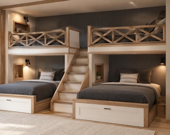 Etagenbett mit Treppe: Oben Einzelbett/unten Queensize-Bett - Baupläne zum Selbstbau (Metrische und imperiale Maße)