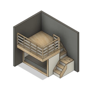 May include: A wooden loft bed with a railing and a set of stairs. The bed is in a corner of a room with a gray wall.