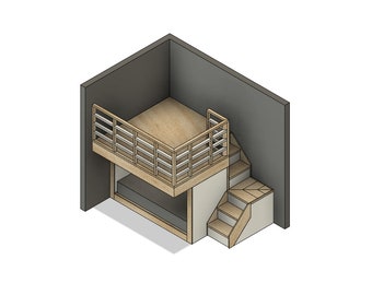 Op de afbeelding: Een houten hoogslaper met een leuning en een trap. Het bed staat in een hoek van een kamer met een grijze muur.