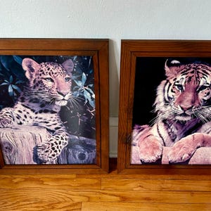 May include: Two framed animal prints. One features a leopard cub with spotted fur, resting on a wooden stump, surrounded by foliage. The other print shows a tiger with orange and black stripes, resting on a wooden ledge.