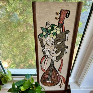 Vintage Mid-Century Gravel Art Wall Hanging – Abstract Musician with Lute