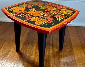 Vintage Wooden Russian Soviet Khokhloma Hand Painted Kids Stool or Decorative Plant Stand