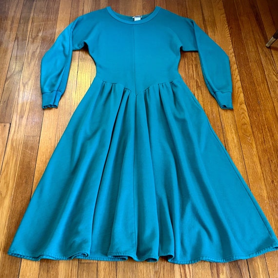 Vintage Appel 70s Teal Midi Dress Long Sleeve Med… - image 1