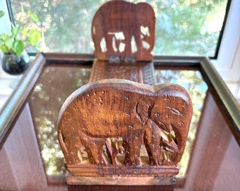 Vintage Carved Wood Expandable Book Holder Elephant Book Rack