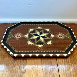 Vintage Handmade Lacquered Marquetry Mosaic Inlaid Wood Tray