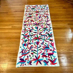 Handmade Mexican Otomi Embroidery Panel - Multicolor Animals & Flora on Cotton