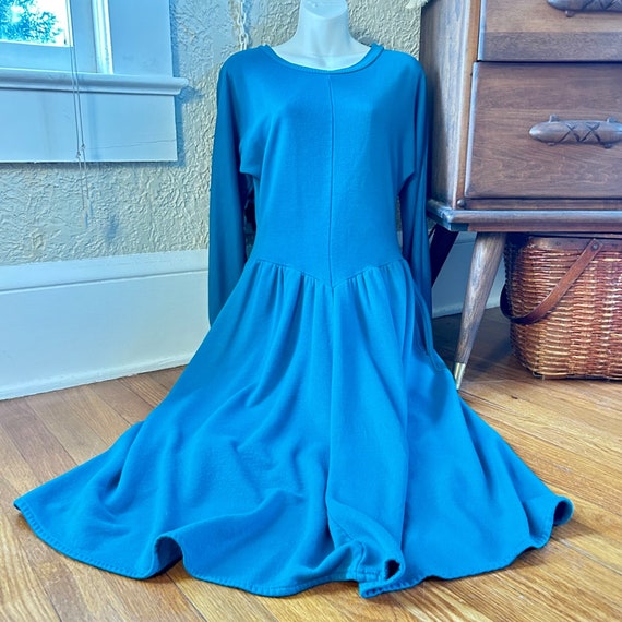 Vintage Appel 70s Teal Midi Dress Long Sleeve Med… - image 9