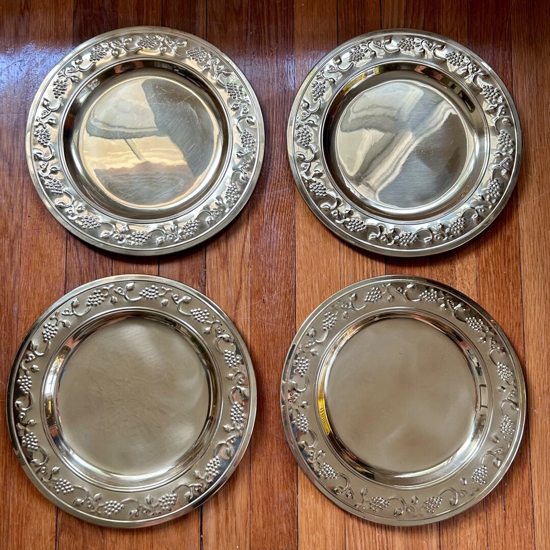 Vintage Solid Brass Charger Plates With Grapevine Embossed Etsy