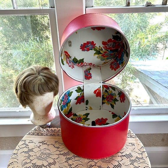 Vintage Mid Century Red and Floral Print Travel Case for Hat or Wig with  included Styrofoam Head, Wig and Tabletop Wig Head Stand