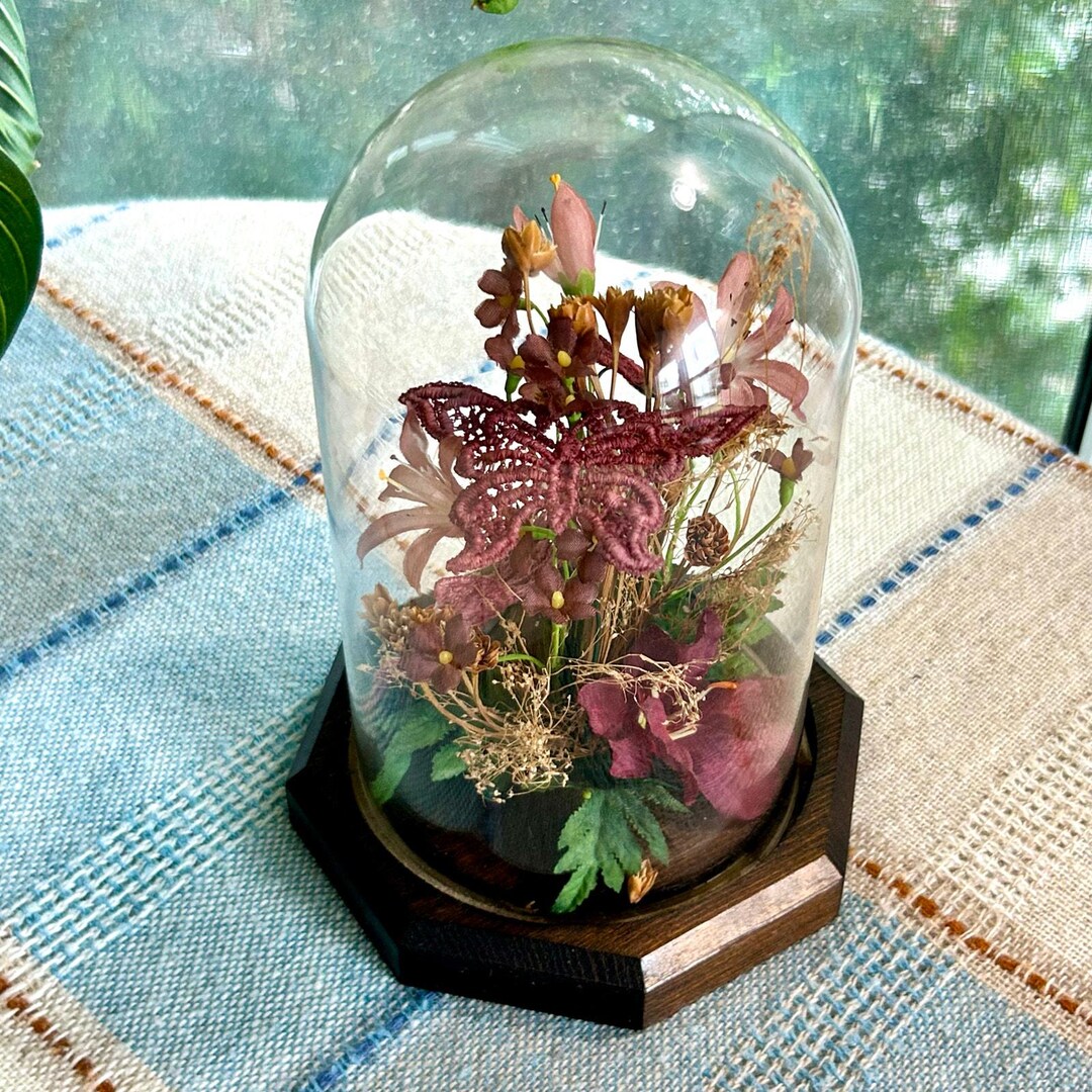 Vintage Glass Dome Floral Cloche With Butterflies and Dried & Faux ...