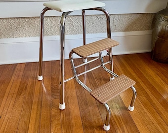 Vintage West Germany Chrome Folding Step Stool Chair, White Vinyl Wooden Steps