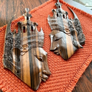 Vintage 1973 Rama and Sita Mid Century Wood Carved Rama & Sita Face Balinese Hanging Wall Art - Set of 2