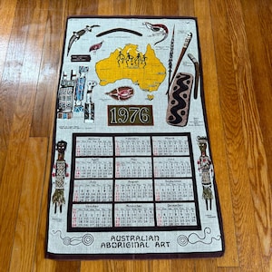 Vintage Linen Leil Calendar Tea Towel 1976 Australian Aboriginal Art Souvenir