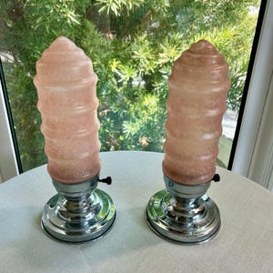 Vintage Art Deco Pink Torpedo Glass Lamps, Skyscraper Frosted Boudoir Lamp Set