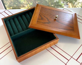 Vintage Wood Jewelry Box Green Velvet Ring Display Keepsake Box