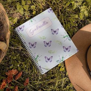 Personalized Notebook with Purple Butterflies | Custom Name Spiral Journal | Aesthetic Foliage Notebook | Cute Gift for Her | Purple flowers