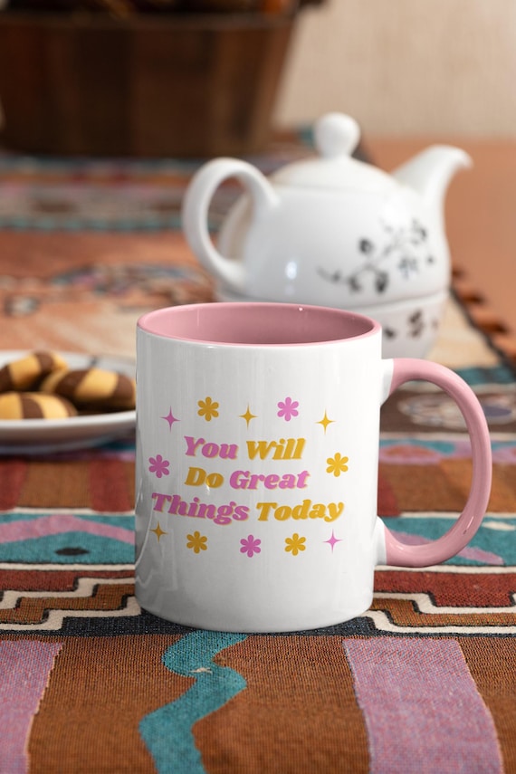 Positive Vibes Mug, Motivational Quote, Cheerful Floral Caffeine Cup, Daily Inspiration Drinkware
