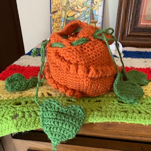 May include: A crocheted pumpkin-shaped bag with green leaves. The bag is orange and has a drawstring closure. The leaves are attached to the bag with yarn.