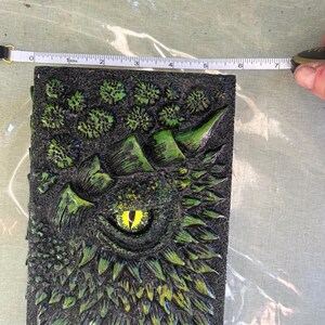May include: Green and black leather-bound journal with a dragon eye and scales embossed on the cover. The journal measures 7 inches in length.