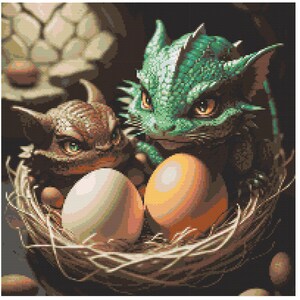 May include: A green and brown dragon with large eyes sits in a nest of twigs and straw with several white and brown eggs.