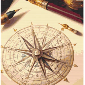 May include: A vintage compass with a detailed design, featuring a compass rose with points for each direction, surrounded by a circular scale with numbers and markings. The compass is on a cream-colored background with two antique-style pens.
