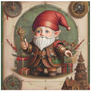 Pode incluir: Um gnomo caprichoso com barba branca e chapéu vermelho segura uma bússola dourada e fica em frente a um mapa vintage com um relógio e uma casinha. Ele está vestindo uma jaqueta de couro marrom com cinto e um colete verde.
