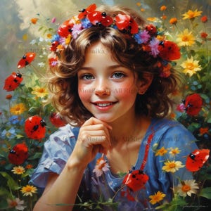May include: A young girl with curly blonde hair wears a flower crown with red ladybugs. She is smiling and has her hand on her chin. The background is a field of flowers.