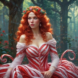 Könnte beinhalten: Eine Frau mit langen roten Haaren trägt ein weiß-rot gestreiftes Kleid mit einem Zuckerstangenmuster. Sie trägt eine Blumenkrone und hält eine Zuckerstange in der Hand. Der Hintergrund ist ein Wald.