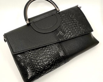 Sac en crocodile noir | Sac enveloppe femme | à bandoulière | Similicuir | Grande pochette | Sacs de travail