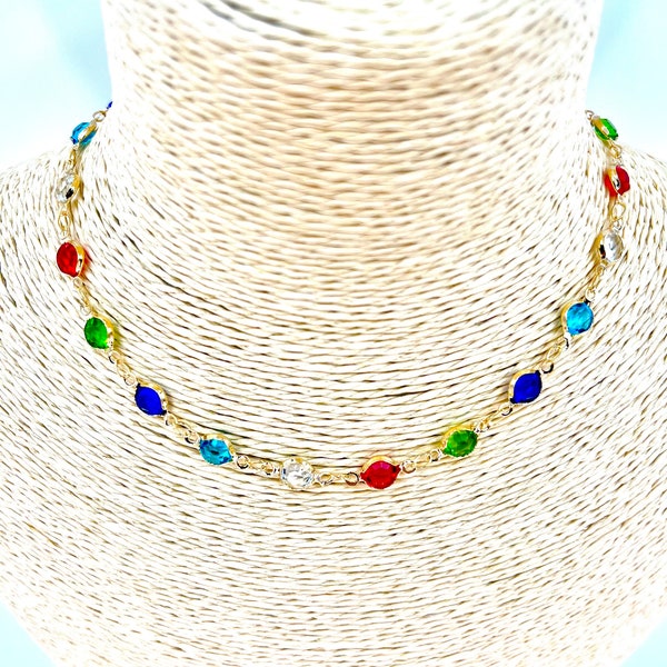 Colourful crystal gold chain choker