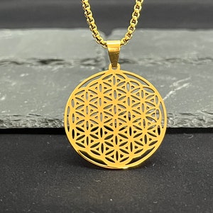 Long Chain Gold Colour | Flower Of Life | Stainless Steel Long Necklace | Round Pendant | Disc Medallion