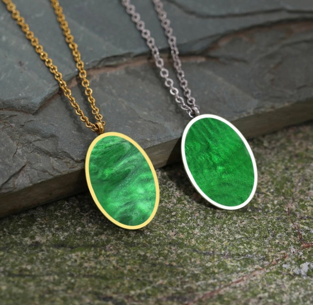 Green Pendant Necklace Gold Chain Charm Necklace Silver Etsy
