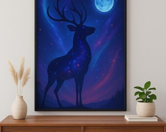 Arte de pared imprimible de ciervo celestial: Ciervo cósmico bajo la luz de la luna