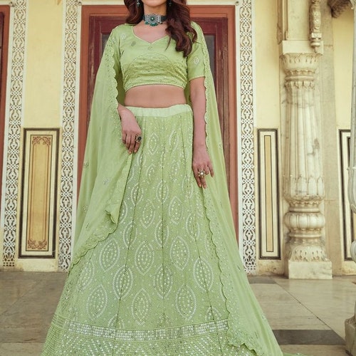 Beautiful shops Pista Green Colour Lehenga Choli With Dupatta Stylish Attractive Ghagra Choli Indian Bollywood Party Wear Lehenga Choli for Girls
