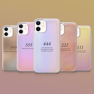 May include: Five different phone cases with iridescent glitter and inspirational messages. The messages are: 777 Wonderful things are afoot, 555 Something new is coming, 444 The universe and your spiritual guides are protecting you, 222 You are in the right place and right time, 111 Trust your gut and listen to your heart.