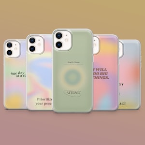 May include: Five different phone cases with colourful gradient backgrounds and inspirational text. The text on the cases reads "One day at a ti", "Prioritize your peac", "don't chase ATTRACT", "I WILL DO BIG THINGS.", and "GY Γ ACT".